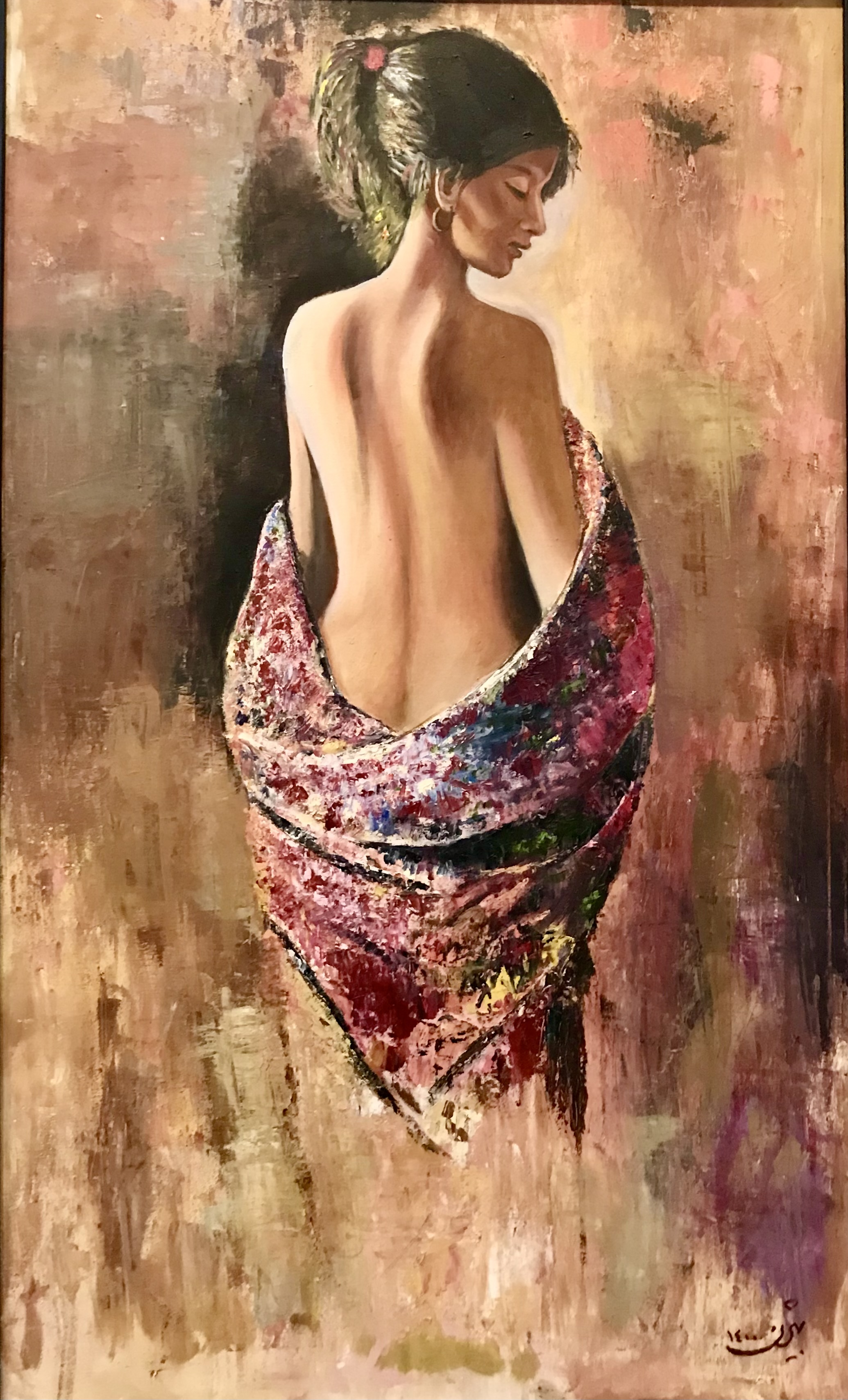 <p>
	&nbsp;</p>
<div style="font-size: 16px; box-sizing: border-box; caret-color: rgb(54, 77, 89); color: rgb(54, 77, 89); font-family: &quot;Open Sans&quot;, system-ui, -apple-system, &quot;Segoe UI&quot;, Roboto, &quot;Helvetica Neue&quot;, Arial, &quot;Noto Sans&quot;, &quot;Liberation Sans&quot;, sans-serif, &quot;Apple Color Emoji&quot;, &quot;Segoe UI Emoji&quot;, &quot;Segoe UI Symbol&quot;, &quot;Noto Color Emoji&quot;; -webkit-tap-highlight-color: rgba(0, 0, 0, 0); -webkit-text-size-adjust: 100%;">
	Size: 100 x 70 cm</div>
<div style="font-size: 16px; box-sizing: border-box; caret-color: rgb(54, 77, 89); color: rgb(54, 77, 89); font-family: &quot;Open Sans&quot;, system-ui, -apple-system, &quot;Segoe UI&quot;, Roboto, &quot;Helvetica Neue&quot;, Arial, &quot;Noto Sans&quot;, &quot;Liberation Sans&quot;, sans-serif, &quot;Apple Color Emoji&quot;, &quot;Segoe UI Emoji&quot;, &quot;Segoe UI Symbol&quot;, &quot;Noto Color Emoji&quot;; -webkit-tap-highlight-color: rgba(0, 0, 0, 0); -webkit-text-size-adjust: 100%;">
	&nbsp;</div>
<div style="font-size: 16px; box-sizing: border-box; caret-color: rgb(54, 77, 89); color: rgb(54, 77, 89); font-family: &quot;Open Sans&quot;, system-ui, -apple-system, &quot;Segoe UI&quot;, Roboto, &quot;Helvetica Neue&quot;, Arial, &quot;Noto Sans&quot;, &quot;Liberation Sans&quot;, sans-serif, &quot;Apple Color Emoji&quot;, &quot;Segoe UI Emoji&quot;, &quot;Segoe UI Symbol&quot;, &quot;Noto Color Emoji&quot;; -webkit-tap-highlight-color: rgba(0, 0, 0, 0); -webkit-text-size-adjust: 100%;">
	Medium: Oil on Canvas</div>
<div style="font-size: 16px; box-sizing: border-box; caret-color: rgb(54, 77, 89); color: rgb(54, 77, 89); font-family: &quot;Open Sans&quot;, system-ui, -apple-system, &quot;Segoe UI&quot;, Roboto, &quot;Helvetica Neue&quot;, Arial, &quot;Noto Sans&quot;, &quot;Liberation Sans&quot;, sans-serif, &quot;Apple Color Emoji&quot;, &quot;Segoe UI Emoji&quot;, &quot;Segoe UI Symbol&quot;, &quot;Noto Color Emoji&quot;; -webkit-tap-highlight-color: rgba(0, 0, 0, 0); -webkit-text-size-adjust: 100%;">
	&nbsp;</div>
<div style="font-size: 16px; box-sizing: border-box; caret-color: rgb(54, 77, 89); color: rgb(54, 77, 89); font-family: &quot;Open Sans&quot;, system-ui, -apple-system, &quot;Segoe UI&quot;, Roboto, &quot;Helvetica Neue&quot;, Arial, &quot;Noto Sans&quot;, &quot;Liberation Sans&quot;, sans-serif, &quot;Apple Color Emoji&quot;, &quot;Segoe UI Emoji&quot;, &quot;Segoe UI Symbol&quot;, &quot;Noto Color Emoji&quot;; -webkit-tap-highlight-color: rgba(0, 0, 0, 0); -webkit-text-size-adjust: 100%;">
	Style: Realism</div>
<div style="font-size: 16px; box-sizing: border-box; caret-color: rgb(54, 77, 89); color: rgb(54, 77, 89); font-family: &quot;Open Sans&quot;, system-ui, -apple-system, &quot;Segoe UI&quot;, Roboto, &quot;Helvetica Neue&quot;, Arial, &quot;Noto Sans&quot;, &quot;Liberation Sans&quot;, sans-serif, &quot;Apple Color Emoji&quot;, &quot;Segoe UI Emoji&quot;, &quot;Segoe UI Symbol&quot;, &quot;Noto Color Emoji&quot;; -webkit-tap-highlight-color: rgba(0, 0, 0, 0); -webkit-text-size-adjust: 100%;">
	&nbsp;</div>
<div style="font-size: 16px; box-sizing: border-box; caret-color: rgb(54, 77, 89); color: rgb(54, 77, 89); font-family: &quot;Open Sans&quot;, system-ui, -apple-system, &quot;Segoe UI&quot;, Roboto, &quot;Helvetica Neue&quot;, Arial, &quot;Noto Sans&quot;, &quot;Liberation Sans&quot;, sans-serif, &quot;Apple Color Emoji&quot;, &quot;Segoe UI Emoji&quot;, &quot;Segoe UI Symbol&quot;, &quot;Noto Color Emoji&quot;; -webkit-tap-highlight-color: rgba(0, 0, 0, 0); -webkit-text-size-adjust: 100%;">
	Year: 2020</div>
<p>
	<span style="font-size:16px;">She turns away, wrapped in colors that whisper stories of home and heritage. The warmth of woven dreams lies softly on her skin &ndash; timeless, calm and proud. The painting is kept in Iran but will be brought to the Netherlands for a solo and group exhibition.</span></p>
