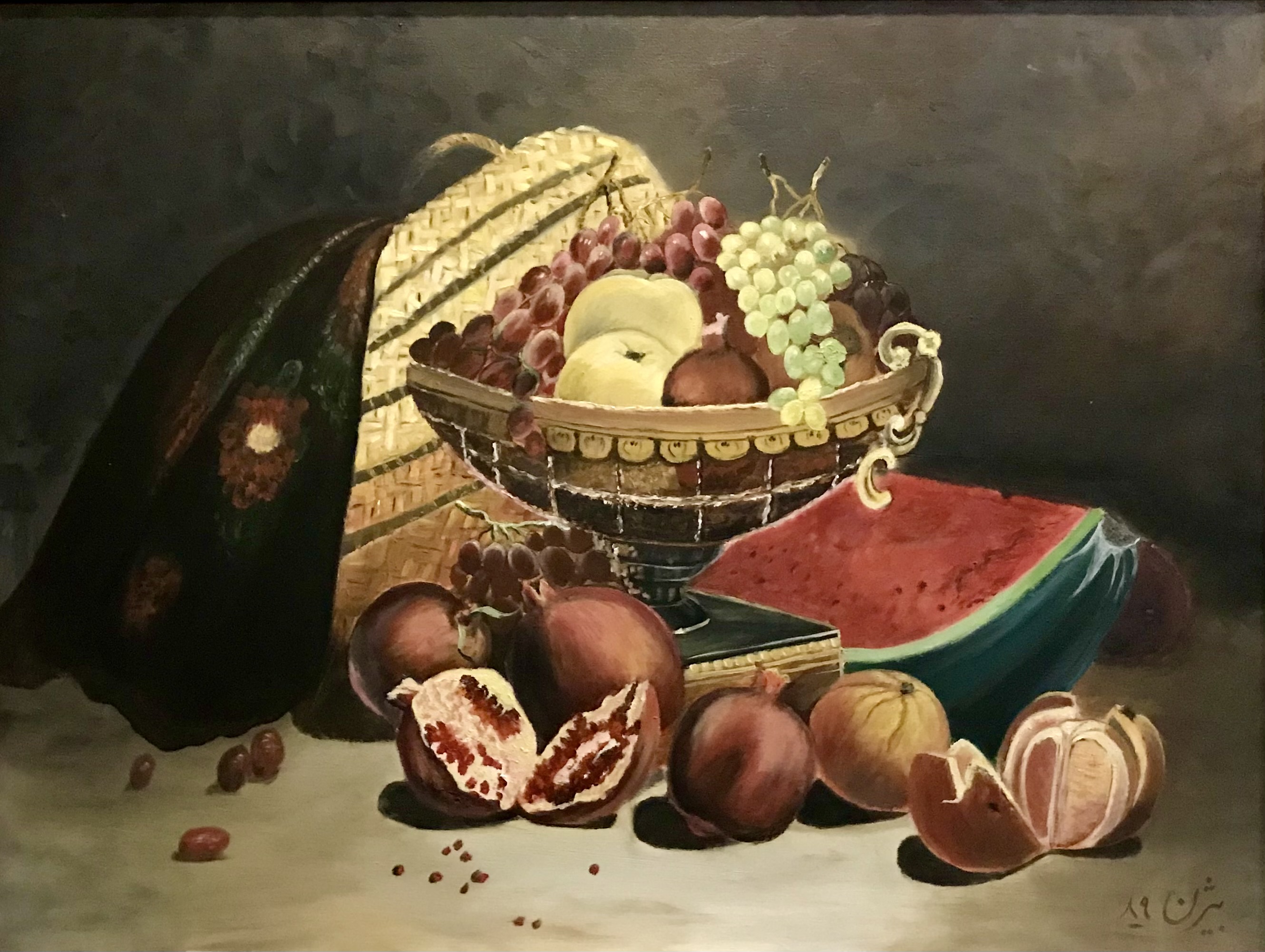 <p>
	<span style="font-family: UICTFontTextStyleBody; caret-color: rgb(0, 0, 0); color: rgb(0, 0, 0); font-size: 17px; -webkit-text-size-adjust: auto;">&nbsp;</span></p>
<p class="p2" style="margin: 0px; font-stretch: normal; font-size: 17px; line-height: normal; font-size-adjust: none; font-kerning: auto; font-variant-alternates: normal; font-variant-ligatures: normal; font-variant-numeric: normal; font-variant-east-asian: normal; font-variant-position: normal; font-feature-settings: normal; font-optical-sizing: auto; font-variation-settings: normal; caret-color: rgb(0, 0, 0); color: rgb(0, 0, 0); -webkit-text-size-adjust: auto;">
	<span style="font-family: UICTFontTextStyleBody;">Year: 2009</span></p>
<p class="p2" style="margin: 0px; font-stretch: normal; font-size: 17px; line-height: normal; font-size-adjust: none; font-kerning: auto; font-variant-alternates: normal; font-variant-ligatures: normal; font-variant-numeric: normal; font-variant-east-asian: normal; font-variant-position: normal; font-feature-settings: normal; font-optical-sizing: auto; font-variation-settings: normal; caret-color: rgb(0, 0, 0); color: rgb(0, 0, 0); -webkit-text-size-adjust: auto;">
	<span class="s1" style="font-family: UICTFontTextStyleBody;">Dimensions: 100&times; 70 cm<br />
	<br />
	Medium: Oil on canvas<br />
	<br />
	Style: Realism</span></p>
<p class="p1" style="margin: 0px; font-stretch: normal; font-size: 17px; line-height: normal; font-size-adjust: none; font-kerning: auto; font-variant-alternates: normal; font-variant-ligatures: normal; font-variant-numeric: normal; font-variant-east-asian: normal; font-variant-position: normal; font-feature-settings: normal; font-optical-sizing: auto; font-variation-settings: normal; min-height: 24px; caret-color: rgb(0, 0, 0); color: rgb(0, 0, 0); -webkit-text-size-adjust: auto;">
	&nbsp;</p>
<p class="p1" style="margin: 0px; font-stretch: normal; font-size: 17px; line-height: normal; font-size-adjust: none; font-kerning: auto; font-variant-alternates: normal; font-variant-ligatures: normal; font-variant-numeric: normal; font-variant-east-asian: normal; font-variant-position: normal; font-feature-settings: normal; font-optical-sizing: auto; font-variation-settings: normal; min-height: 24px; caret-color: rgb(0, 0, 0); color: rgb(0, 0, 0); -webkit-text-size-adjust: auto;">
	&nbsp;</p>
<p class="p1" style="margin: 0px; font-stretch: normal; font-size: 17px; line-height: normal; font-size-adjust: none; font-kerning: auto; font-variant-alternates: normal; font-variant-ligatures: normal; font-variant-numeric: normal; font-variant-east-asian: normal; font-variant-position: normal; font-feature-settings: normal; font-optical-sizing: auto; font-variation-settings: normal; min-height: 24px; caret-color: rgb(0, 0, 0); color: rgb(0, 0, 0); -webkit-text-size-adjust: auto;">
	&nbsp;</p>
<p class="p2" style="margin: 0px; font-stretch: normal; font-size: 17px; line-height: normal; font-size-adjust: none; font-kerning: auto; font-variant-alternates: normal; font-variant-ligatures: normal; font-variant-numeric: normal; font-variant-east-asian: normal; font-variant-position: normal; font-feature-settings: normal; font-optical-sizing: auto; font-variation-settings: normal; caret-color: rgb(0, 0, 0); color: rgb(0, 0, 0); -webkit-text-size-adjust: auto;">
	<span class="s2" style="font-family: UICTFontTextStyleEmphasizedBody; font-weight: bold;">Autumn Still Life &mdash; Oil on Canvas (2009)</span></p>
<p class="p2" style="margin: 0px; font-stretch: normal; font-size: 17px; line-height: normal; font-size-adjust: none; font-kerning: auto; font-variant-alternates: normal; font-variant-ligatures: normal; font-variant-numeric: normal; font-variant-east-asian: normal; font-variant-position: normal; font-feature-settings: normal; font-optical-sizing: auto; font-variation-settings: normal; caret-color: rgb(0, 0, 0); color: rgb(0, 0, 0); -webkit-text-size-adjust: auto;">
	<span class="s1" style="font-family: UICTFontTextStyleBody;">This painting is a quiet celebration of abundance, patience, and the intimate beauty hidden in everyday objects.</span></p>
<p class="p2" style="margin: 0px; font-stretch: normal; font-size: 17px; line-height: normal; font-size-adjust: none; font-kerning: auto; font-variant-alternates: normal; font-variant-ligatures: normal; font-variant-numeric: normal; font-variant-east-asian: normal; font-variant-position: normal; font-feature-settings: normal; font-optical-sizing: auto; font-variation-settings: normal; caret-color: rgb(0, 0, 0); color: rgb(0, 0, 0); -webkit-text-size-adjust: auto;">
	<span class="s1" style="font-family: UICTFontTextStyleBody;">The woven basket brimming with pomegranates, oranges, apples, and grapes reflects hours of careful observation &mdash; every seed, every peel, each reflection of light studied with devotion.</span></p>
<p class="p1" style="margin: 0px; font-stretch: normal; font-size: 17px; line-height: normal; font-size-adjust: none; font-kerning: auto; font-variant-alternates: normal; font-variant-ligatures: normal; font-variant-numeric: normal; font-variant-east-asian: normal; font-variant-position: normal; font-feature-settings: normal; font-optical-sizing: auto; font-variation-settings: normal; min-height: 24px; caret-color: rgb(0, 0, 0); color: rgb(0, 0, 0); -webkit-text-size-adjust: auto;">
	&nbsp;</p>
<p class="p2" style="margin: 0px; font-stretch: normal; font-size: 17px; line-height: normal; font-size-adjust: none; font-kerning: auto; font-variant-alternates: normal; font-variant-ligatures: normal; font-variant-numeric: normal; font-variant-east-asian: normal; font-variant-position: normal; font-feature-settings: normal; font-optical-sizing: auto; font-variation-settings: normal; caret-color: rgb(0, 0, 0); color: rgb(0, 0, 0); -webkit-text-size-adjust: auto;">
	<span class="s1" style="font-family: UICTFontTextStyleBody;">The opened pomegranate at the center became the heart of the composition: its scattered ruby seeds symbolizing the honesty and imperfection of real life.</span></p>
<p class="p2" style="margin: 0px; font-stretch: normal; font-size: 17px; line-height: normal; font-size-adjust: none; font-kerning: auto; font-variant-alternates: normal; font-variant-ligatures: normal; font-variant-numeric: normal; font-variant-east-asian: normal; font-variant-position: normal; font-feature-settings: normal; font-optical-sizing: auto; font-variation-settings: normal; caret-color: rgb(0, 0, 0); color: rgb(0, 0, 0); -webkit-text-size-adjust: auto;">
	<span class="s1" style="font-family: UICTFontTextStyleBody;">The textured orange peel, the softness of the grapes, and the subtle shadows beneath the basket all came together like a slow meditation, one brushstroke at a time.</span></p>
<p class="p1" style="margin: 0px; font-stretch: normal; font-size: 17px; line-height: normal; font-size-adjust: none; font-kerning: auto; font-variant-alternates: normal; font-variant-ligatures: normal; font-variant-numeric: normal; font-variant-east-asian: normal; font-variant-position: normal; font-feature-settings: normal; font-optical-sizing: auto; font-variation-settings: normal; min-height: 24px; caret-color: rgb(0, 0, 0); color: rgb(0, 0, 0); -webkit-text-size-adjust: auto;">
	&nbsp;</p>
<p class="p2" style="margin: 0px; font-stretch: normal; font-size: 17px; line-height: normal; font-size-adjust: none; font-kerning: auto; font-variant-alternates: normal; font-variant-ligatures: normal; font-variant-numeric: normal; font-variant-east-asian: normal; font-variant-position: normal; font-feature-settings: normal; font-optical-sizing: auto; font-variation-settings: normal; caret-color: rgb(0, 0, 0); color: rgb(0, 0, 0); -webkit-text-size-adjust: auto;">
	<span class="s1" style="font-family: UICTFontTextStyleBody;">Created in Iran in 2009, this artwork remains a personal memory of discipline and quiet focus.</span></p>
<p class="p2" style="margin: 0px; font-stretch: normal; font-size: 17px; line-height: normal; font-size-adjust: none; font-kerning: auto; font-variant-alternates: normal; font-variant-ligatures: normal; font-variant-numeric: normal; font-variant-east-asian: normal; font-variant-position: normal; font-feature-settings: normal; font-optical-sizing: auto; font-variation-settings: normal; caret-color: rgb(0, 0, 0); color: rgb(0, 0, 0); -webkit-text-size-adjust: auto;">
	<span class="s1" style="font-family: UICTFontTextStyleBody;">It is currently kept in Iran, but may be exhibited in an upcoming major exhibition in the Netherlands, where I now reside.</span></p>
<p class="p2" style="margin: 0px; font-stretch: normal; font-size: 17px; line-height: normal; font-size-adjust: none; font-kerning: auto; font-variant-alternates: normal; font-variant-ligatures: normal; font-variant-numeric: normal; font-variant-east-asian: normal; font-variant-position: normal; font-feature-settings: normal; font-optical-sizing: auto; font-variation-settings: normal; caret-color: rgb(0, 0, 0); color: rgb(0, 0, 0); -webkit-text-size-adjust: auto;">
	<span class="s1" style="font-family: UICTFontTextStyleBody;">⸻</span></p>
<p class="p2" dir="rtl" style="margin: 0px; font-stretch: normal; font-size: 17px; line-height: normal; font-size-adjust: none; font-kerning: auto; font-variant-alternates: normal; font-variant-ligatures: normal; font-variant-numeric: normal; font-variant-east-asian: normal; font-variant-position: normal; font-feature-settings: normal; font-optical-sizing: auto; font-variation-settings: normal; caret-color: rgb(0, 0, 0); color: rgb(0, 0, 0); -webkit-text-size-adjust: auto;">
	<span class="s2" style="font-family: UICTFontTextStyleEmphasizedBody; font-weight: bold;">طبیعت بی&zwnj;جان پاییزی &mdash; رنگ&zwnj;روغن روی بوم (۱۳۸۹)</span></p>
<p class="p2" dir="rtl" style="margin: 0px; font-stretch: normal; font-size: 17px; line-height: normal; font-size-adjust: none; font-kerning: auto; font-variant-alternates: normal; font-variant-ligatures: normal; font-variant-numeric: normal; font-variant-east-asian: normal; font-variant-position: normal; font-feature-settings: normal; font-optical-sizing: auto; font-variation-settings: normal; caret-color: rgb(0, 0, 0); color: rgb(0, 0, 0); -webkit-text-size-adjust: auto;">
	<span class="s1" style="font-family: UICTFontTextStyleBody;">این تابلو ستایشی آرام از فراوانی، صبر و زیبایی پنهانی اشیای سادهٔ روزمره است.</span></p>
<p class="p2" dir="rtl" style="margin: 0px; font-stretch: normal; font-size: 17px; line-height: normal; font-size-adjust: none; font-kerning: auto; font-variant-alternates: normal; font-variant-ligatures: normal; font-variant-numeric: normal; font-variant-east-asian: normal; font-variant-position: normal; font-feature-settings: normal; font-optical-sizing: auto; font-variation-settings: normal; caret-color: rgb(0, 0, 0); color: rgb(0, 0, 0); -webkit-text-size-adjust: auto;">
	<span class="s1" style="font-family: UICTFontTextStyleBody;">سبد حصیری که با انار، پرتقال، انگور و سیب پر شده، حاصل ساعت&zwnj;ها نگاه دقیق و تمرکز کامل است؛ از دانه&zwnj;های انار گرفته تا بافت پوست پرتقال و انعکاس&zwnj;های ظریف نور روی میوه&zwnj;ها.</span></p>
<p class="p1" dir="rtl" style="margin: 0px; font-stretch: normal; font-size: 17px; line-height: normal; font-size-adjust: none; font-kerning: auto; font-variant-alternates: normal; font-variant-ligatures: normal; font-variant-numeric: normal; font-variant-east-asian: normal; font-variant-position: normal; font-feature-settings: normal; font-optical-sizing: auto; font-variation-settings: normal; min-height: 24px; caret-color: rgb(0, 0, 0); color: rgb(0, 0, 0); -webkit-text-size-adjust: auto;">
	&nbsp;</p>
<p class="p2" dir="rtl" style="margin: 0px; font-stretch: normal; font-size: 17px; line-height: normal; font-size-adjust: none; font-kerning: auto; font-variant-alternates: normal; font-variant-ligatures: normal; font-variant-numeric: normal; font-variant-east-asian: normal; font-variant-position: normal; font-feature-settings: normal; font-optical-sizing: auto; font-variation-settings: normal; caret-color: rgb(0, 0, 0); color: rgb(0, 0, 0); -webkit-text-size-adjust: auto;">
	<span class="s1" style="font-family: UICTFontTextStyleBody;">انار بازشده در مرکز تابلو، قلب اثر است؛ دانه&zwnj;های سرخ پراکندهٔ آن نماد سادگی، صداقت و بی&zwnj;نقص&zwnj;نبودن زندگی واقعی.</span></p>
<p class="p2" dir="rtl" style="margin: 0px; font-stretch: normal; font-size: 17px; line-height: normal; font-size-adjust: none; font-kerning: auto; font-variant-alternates: normal; font-variant-ligatures: normal; font-variant-numeric: normal; font-variant-east-asian: normal; font-variant-position: normal; font-feature-settings: normal; font-optical-sizing: auto; font-variation-settings: normal; caret-color: rgb(0, 0, 0); color: rgb(0, 0, 0); -webkit-text-size-adjust: auto;">
	<span class="s1" style="font-family: UICTFontTextStyleBody;">بافت پوست پرتقال، نرمی انگورها و سایه&zwnj;های ملایم زیر سبد، مانند مراقبه&zwnj;ای آرام، با هر ضربهٔ قلم&zwnj;مو جان گرفته&zwnj;اند.</span></p>
<p class="p1" dir="rtl" style="margin: 0px; font-stretch: normal; font-size: 17px; line-height: normal; font-size-adjust: none; font-kerning: auto; font-variant-alternates: normal; font-variant-ligatures: normal; font-variant-numeric: normal; font-variant-east-asian: normal; font-variant-position: normal; font-feature-settings: normal; font-optical-sizing: auto; font-variation-settings: normal; min-height: 24px; caret-color: rgb(0, 0, 0); color: rgb(0, 0, 0); -webkit-text-size-adjust: auto;">
	&nbsp;</p>
<p class="p2" dir="rtl" style="margin: 0px; font-stretch: normal; font-size: 17px; line-height: normal; font-size-adjust: none; font-kerning: auto; font-variant-alternates: normal; font-variant-ligatures: normal; font-variant-numeric: normal; font-variant-east-asian: normal; font-variant-position: normal; font-feature-settings: normal; font-optical-sizing: auto; font-variation-settings: normal; caret-color: rgb(0, 0, 0); color: rgb(0, 0, 0); -webkit-text-size-adjust: auto;">
	<span class="s1" style="font-family: UICTFontTextStyleBody;">این اثر در سال ۱۳۸۹ در ایران خلق شده و اکنون در ایران نگه&zwnj;داری می&zwnj;شود، اما احتمال دارد برای نمایشگاهی معتبر در هلند &mdash; محل زندگی کنونی من &mdash; به آنجا منتقل شود.</span></p>
